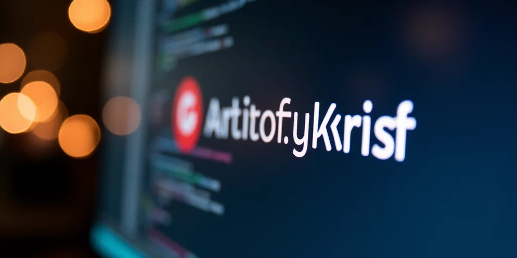 a close up of a logo on a computer screen with blurry lights in the background and a blurry image of