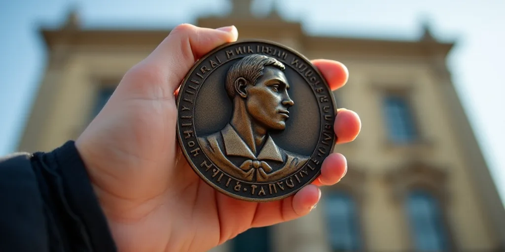 a close up of a medal with a person holding it up to the camera and a building in the background, Do