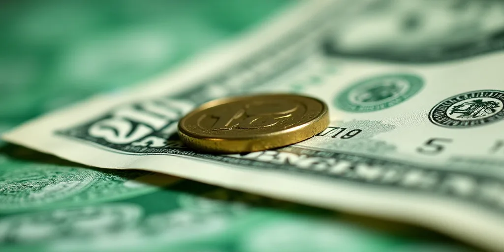 a close up of a one dollar bill with a coin on top of it and a green and white background, Aquirax U