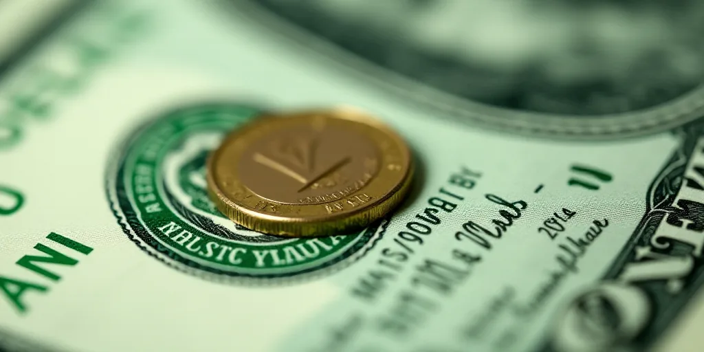 a close up of a one dollar bill with a coin on top of it and a green and white background, Aquirax U
