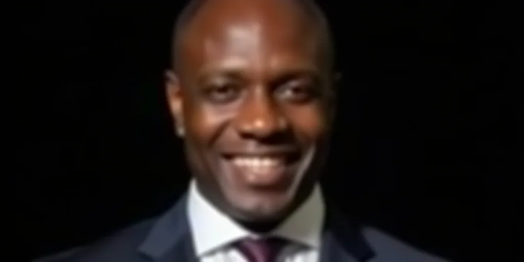 a close up of a person wearing a suit and tie smiling at the camera with a black background behind h
