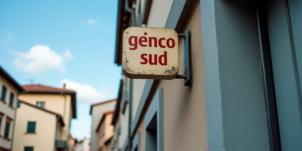a close up of a sign on a building with a sky background and a building with a sign that says, genco