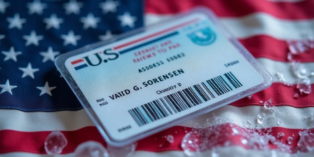 a close up of a us citizen's id on a flag background with a barcode on it, David G. Sorensen, ice, a