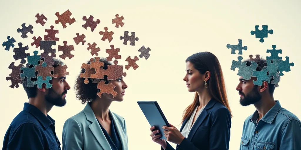 a collage of people with puzzle pieces in their head and a woman holding a tablet computer in her ha