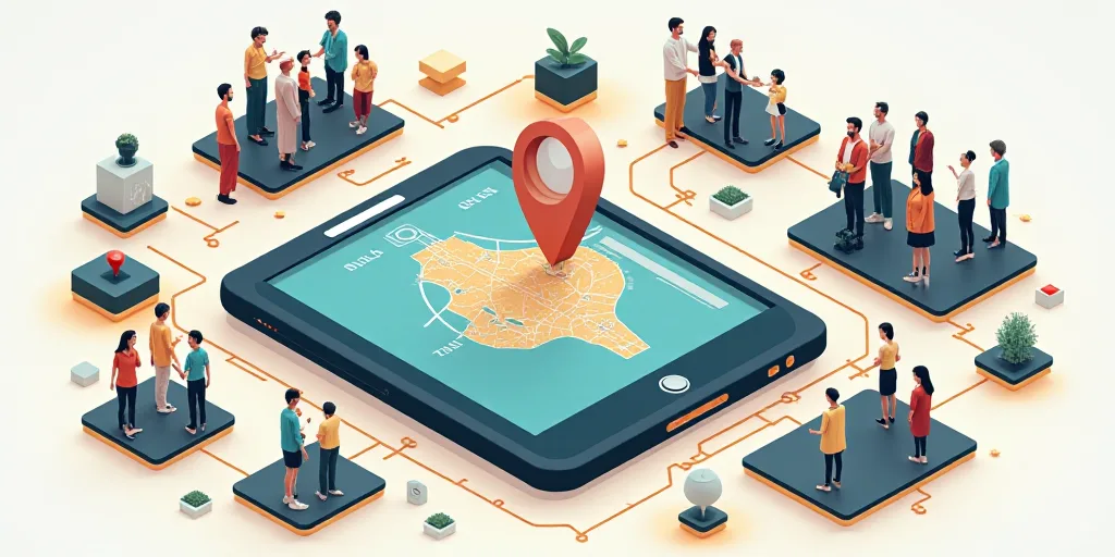 a collage of photos with people and a map and a cell phone with a pin on it and a map with a pin, Ce
