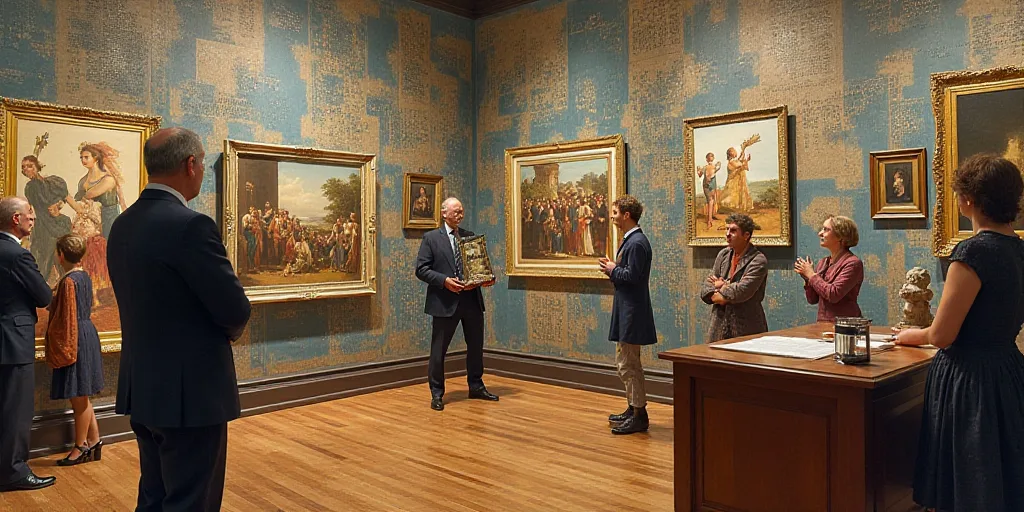 a collage of pictures of people and art work in a museum or museum with a man standing at a podium,
