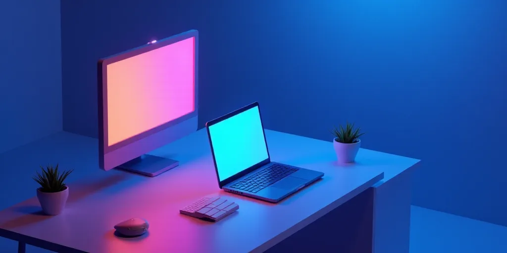 a computer and a laptop on a table with a neon background and a blue background with a neon glow, Be