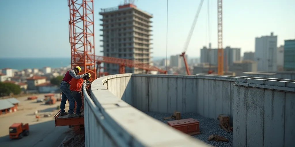 a construction site with a crane and workers working on it's walls and a building under construction