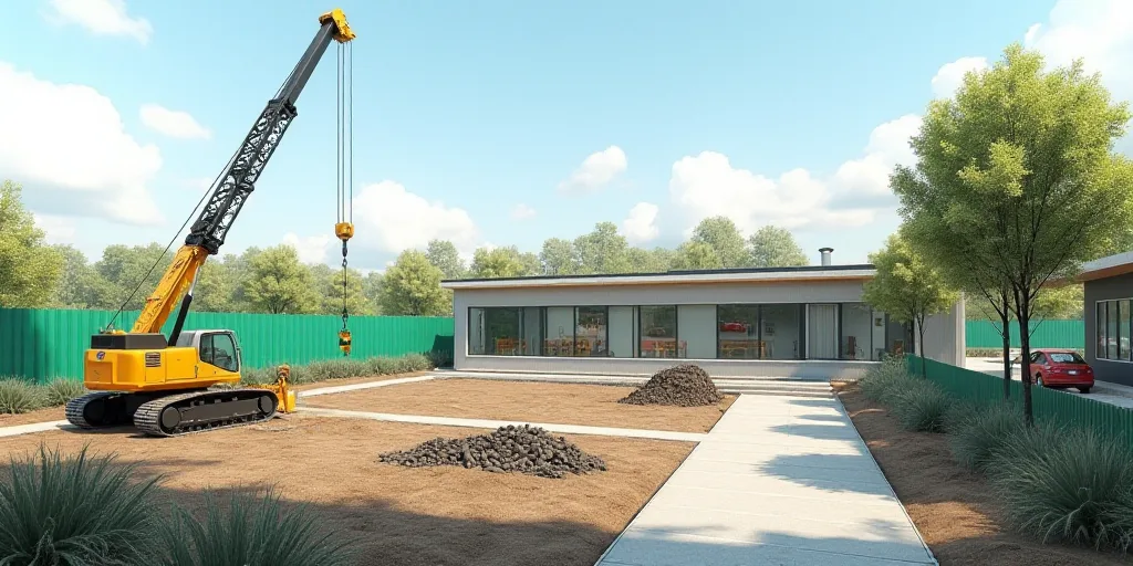 a construction site with a crane and construction equipment in the foreground and a building in the