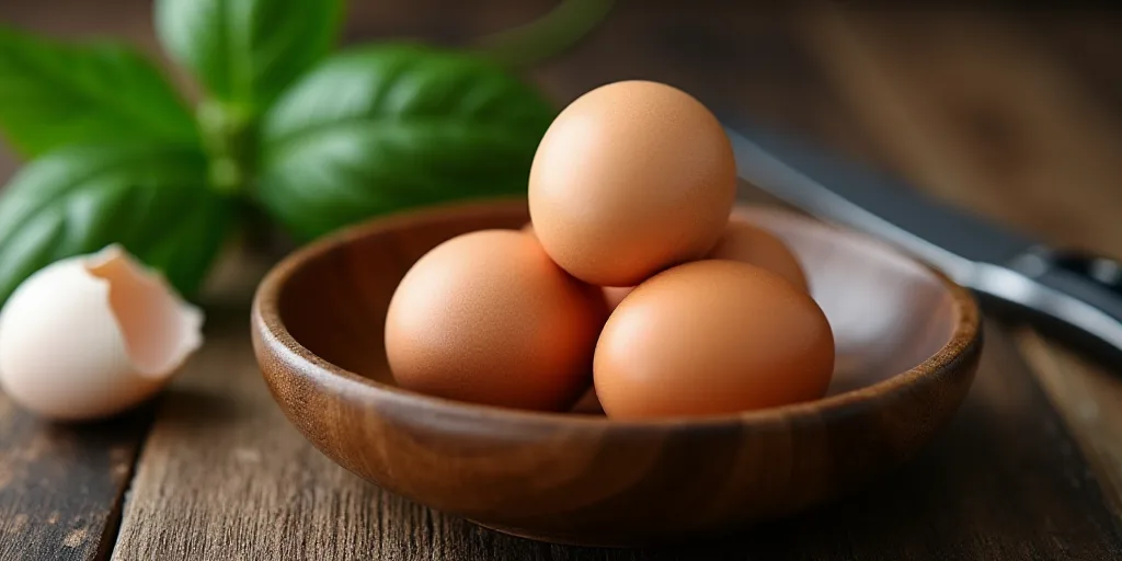 a couple of eggs sitting on top of a wooden bowl next to a shell and a knife and a plant, Cao Buxing