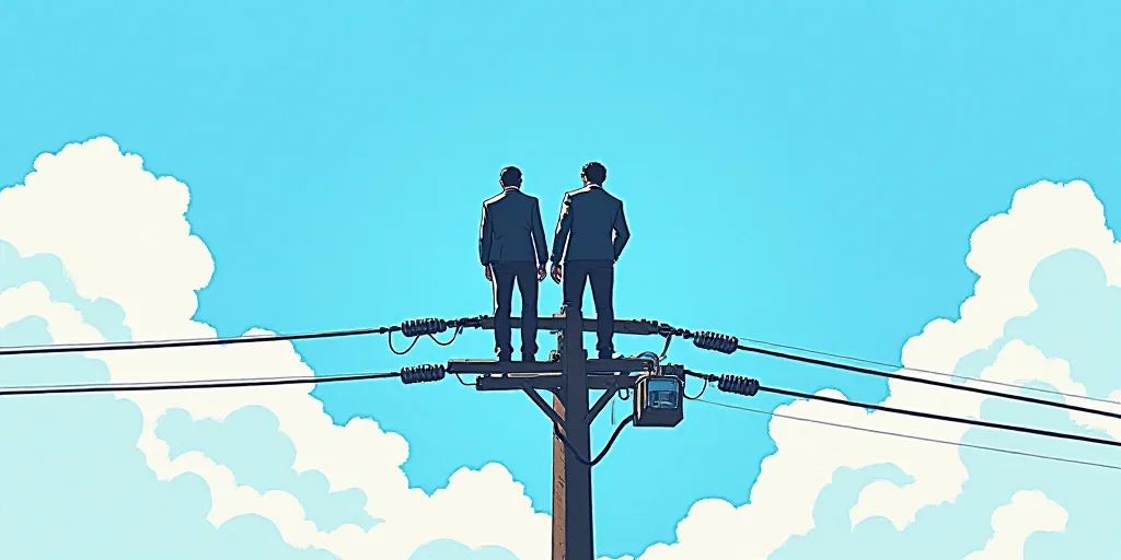 a couple of men standing on top of a power line under a blue sky with clouds in the background, Éva