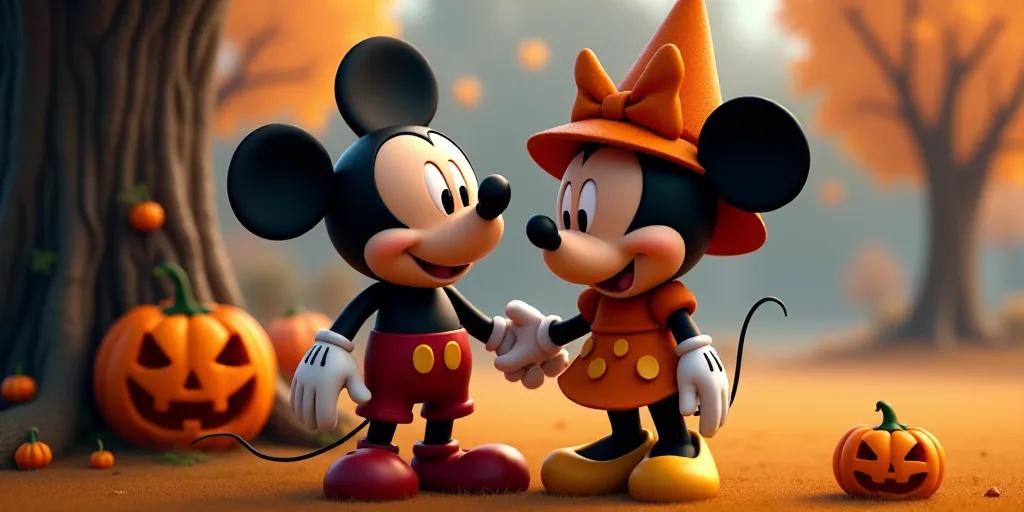 a couple of mickey and minnie mouse in a halloween costume standing next to a tree with pumpkins on