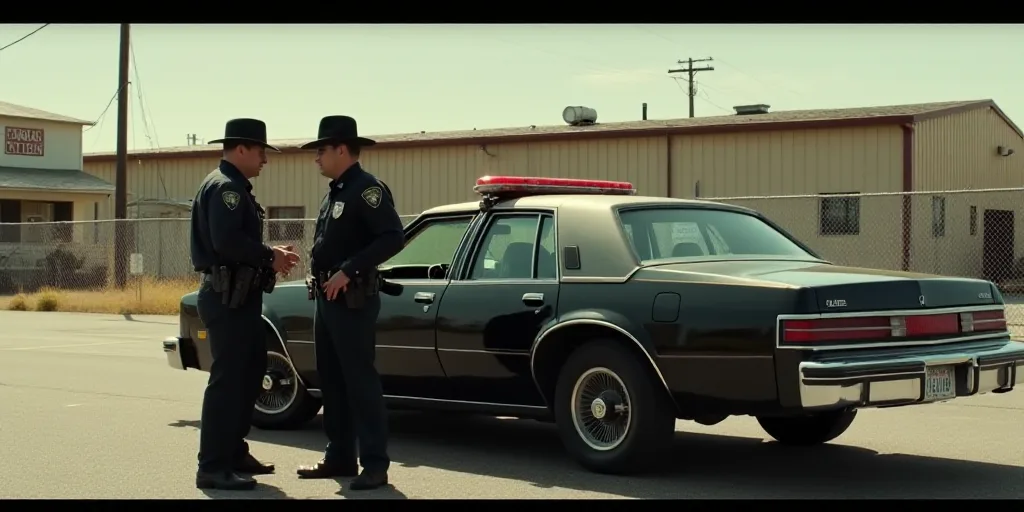 a couple of police officers standing next to a car in a parking lot with a fence and a building, All