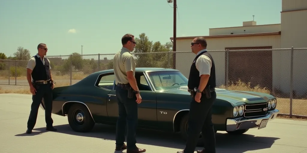 a couple of police officers standing next to a car in a parking lot with a fence and a building, Dou