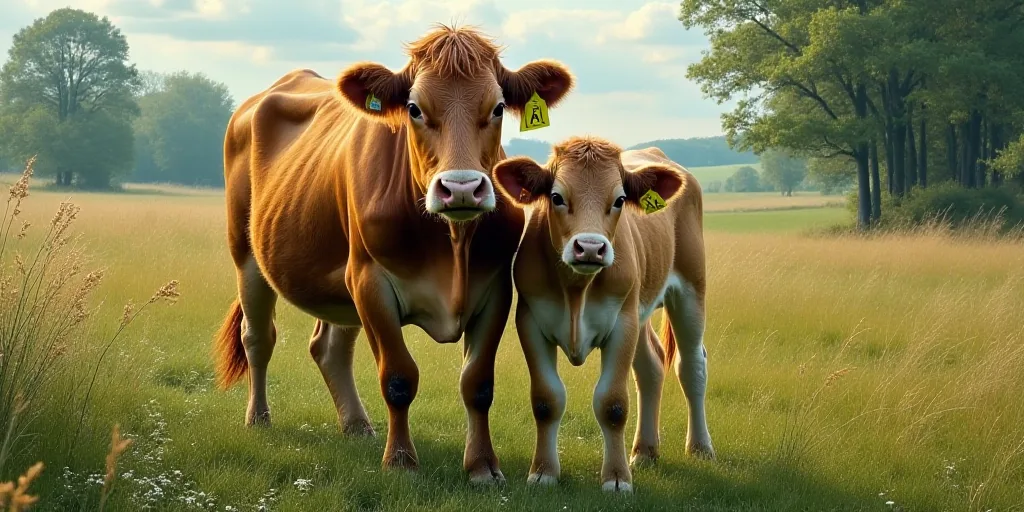 a cow and a calf are standing next to each other in a field of grass and trees, with a green marker