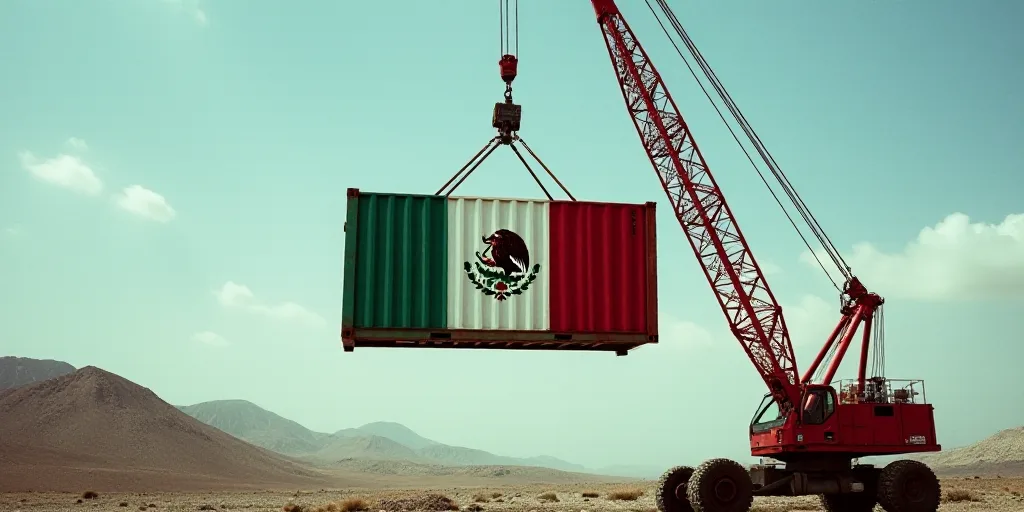 a crane is lifting a container with the flag of mexico on it to be lifted by a crane in the air, Aqu