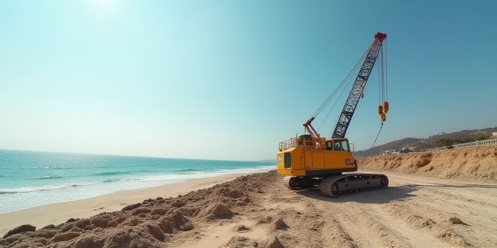 a crane is on the beach near the water and construction equipment is in the sand and dirt near the w
