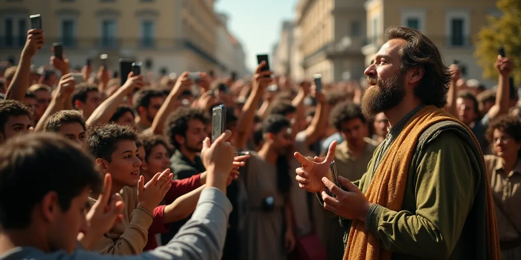 a crowd of people are taking pictures with their cell phones and cell phones in hand, and a man is h