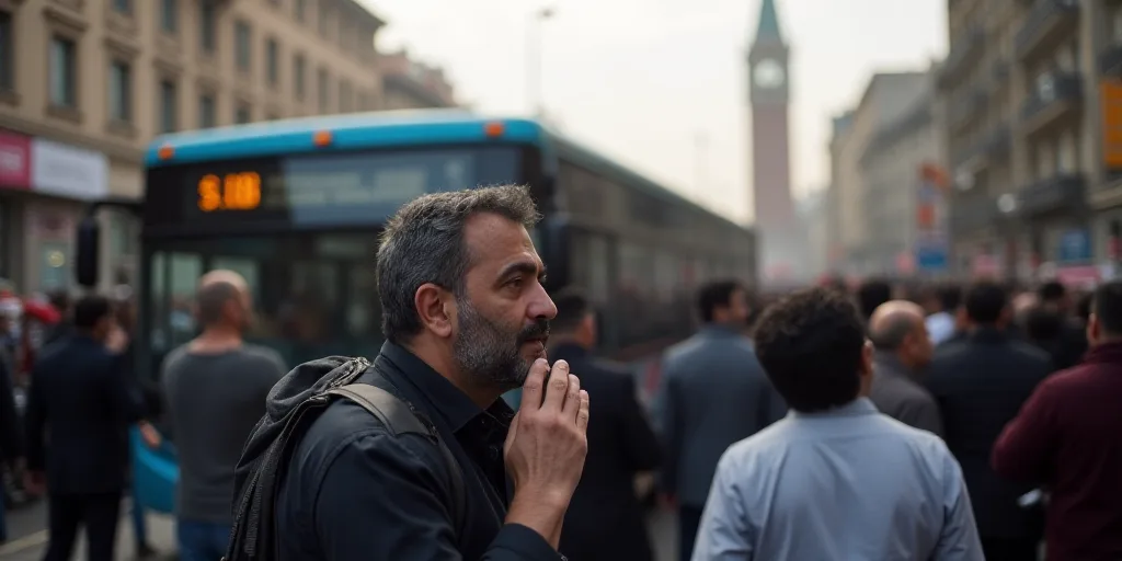 a crowd of people standing around a bus in a city street with a bus driving down the street and a ma