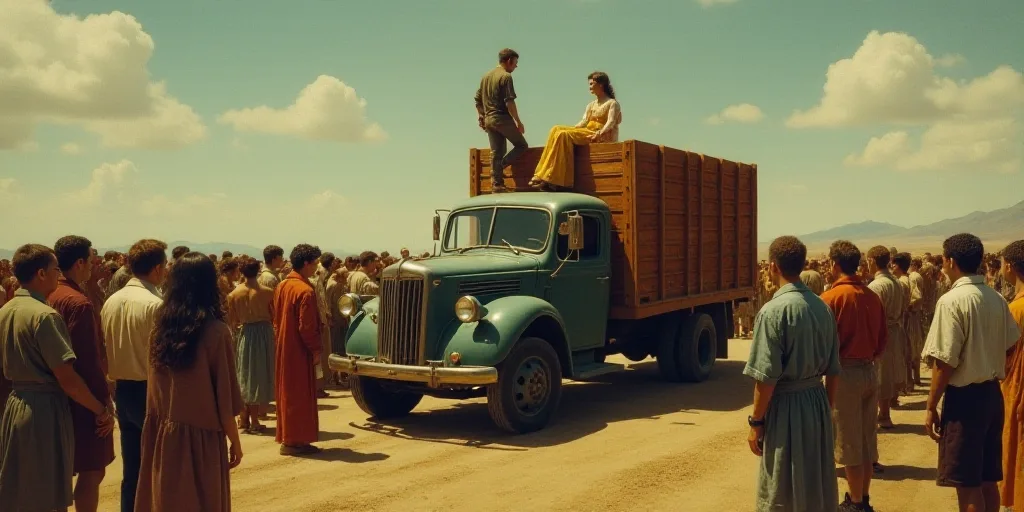 a crowd of people standing around a truck with a man on top of it and a woman in the back of the tru