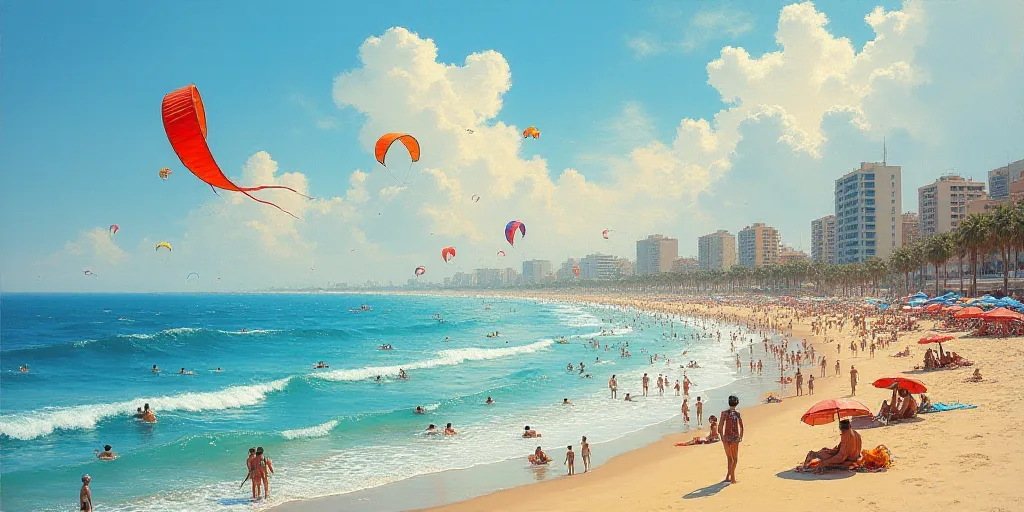 a crowded beach with people in the water and in the air with large kites flying above them and build