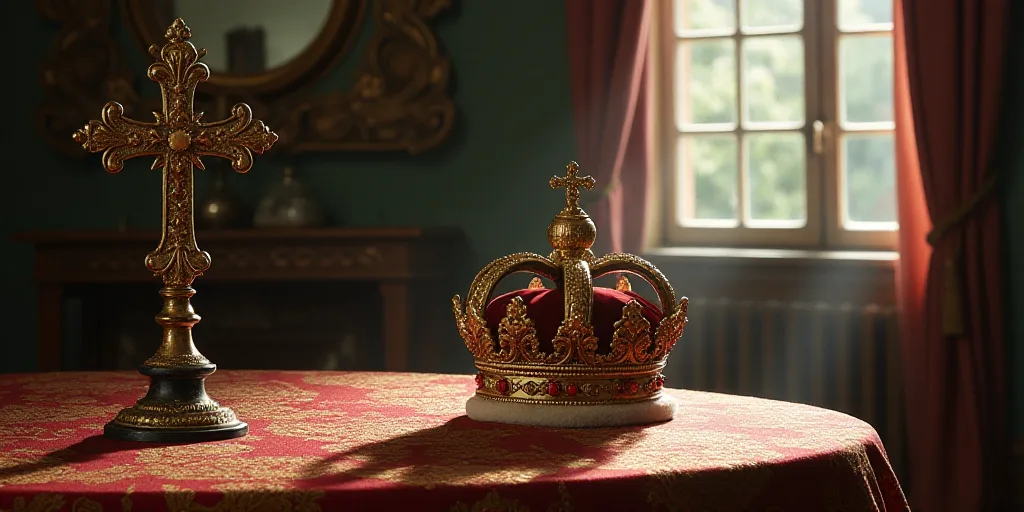 a crown and a cross on a table in a room with a window and a mirror on the wall, Coppo di Marcovaldo