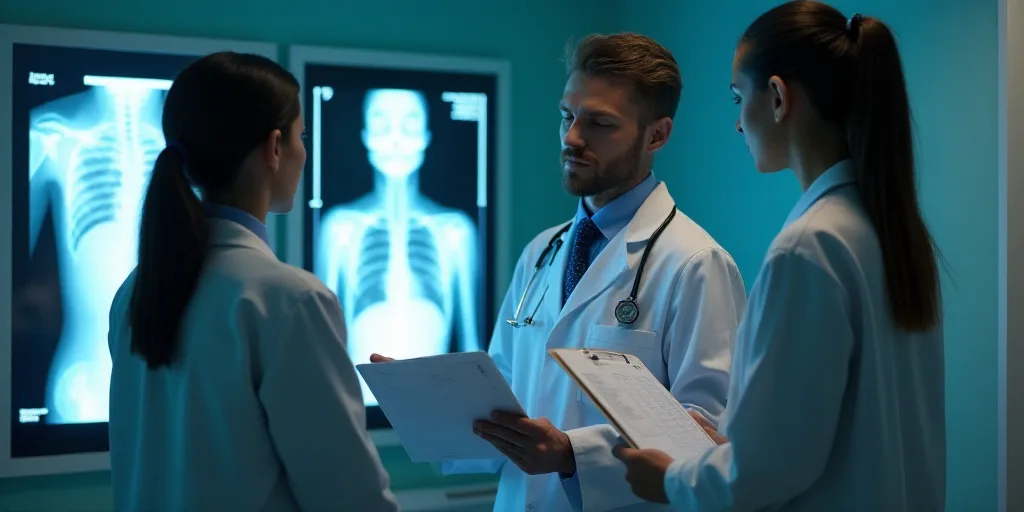 a doctor examines a patient's x - ray in a hospital room with a patient looking on and holding a cli