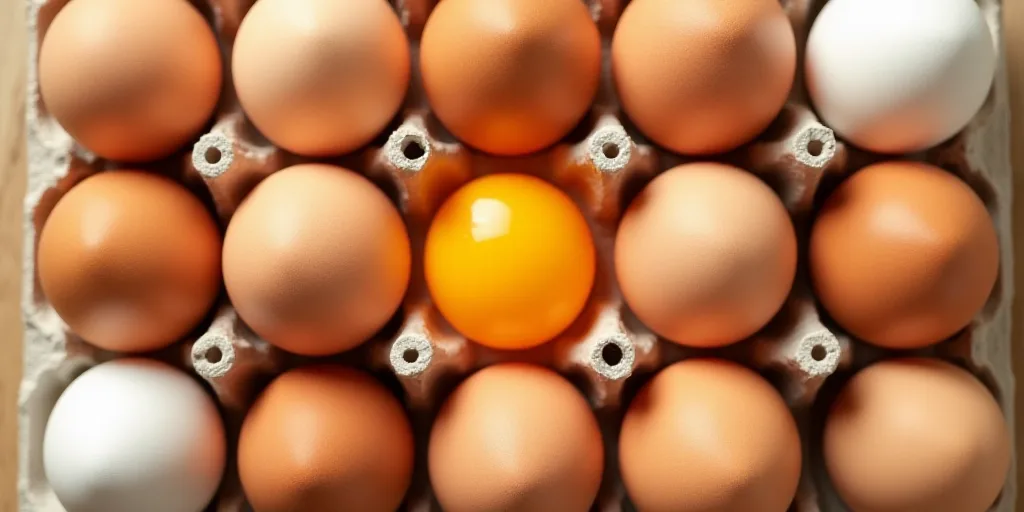 a dozen eggs are shown with one broken egg in the middle of the picture and the whole egg in the mid