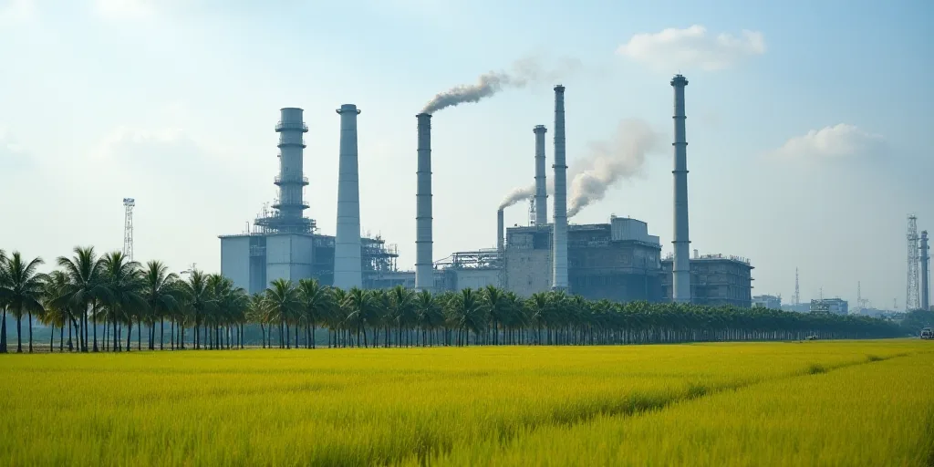 a factory with a large pipe sticking out of it's side next to a palm tree filled field, Cui Bai, hig