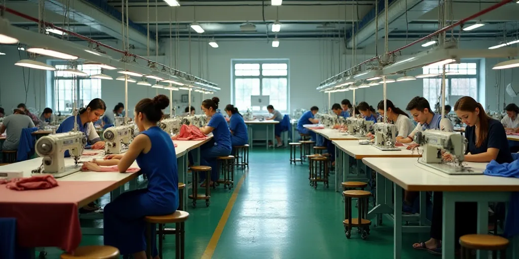 a factory with a lot of people working on sewing machines and cloths on tables and chairs with a lot