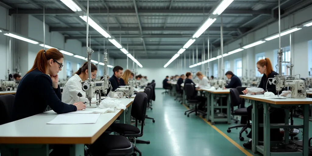 a factory with a lot of people working on sewing machines and cloths on tables and chairs with a lot