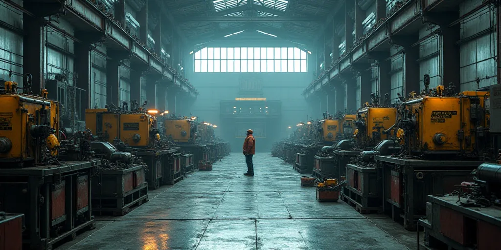 a factory with lots of machines and machinery in it's warehouse flooring area and a worker standing