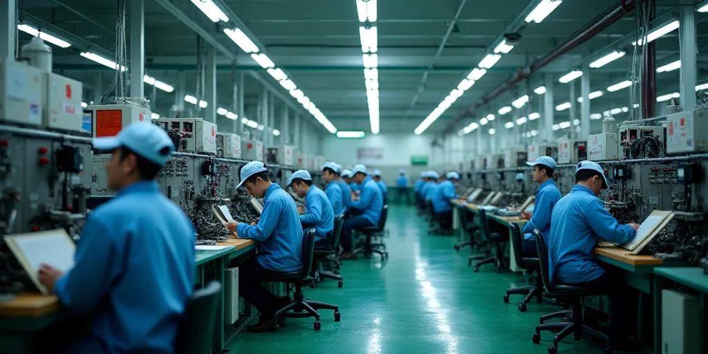 a factory with workers working on machines and equipment in it's factory floor area, with workers in