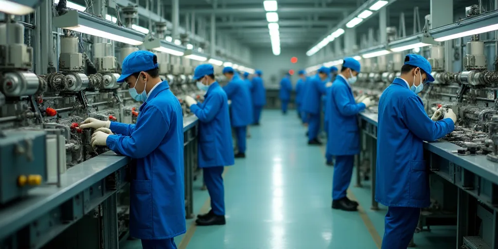a factory with workers working on machines and equipment in it's factory floor area, with workers in