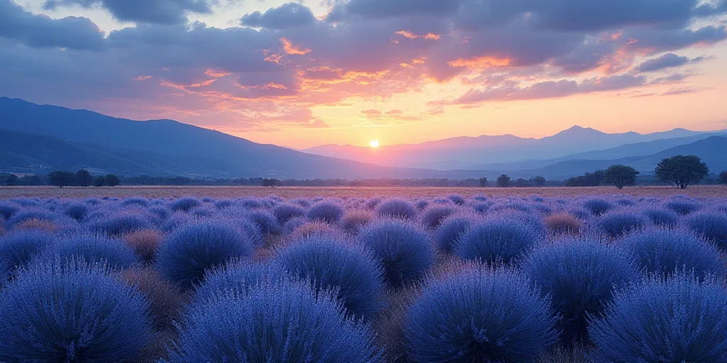 a field of blue agoea plants under a cloudy sky with mountains in the background at sunset or dawn,