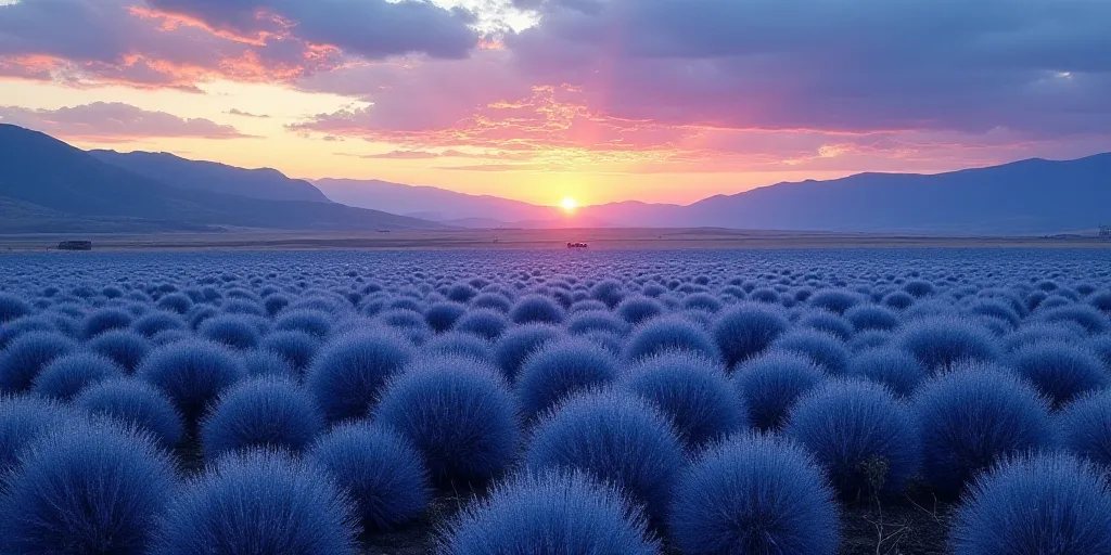 a field of blue agoea plants under a cloudy sky with mountains in the background at sunset or dawn,