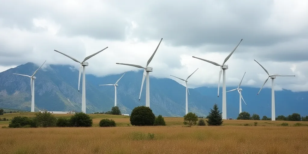 a field of wind turbines in front of a mountain range with a cloudy sky in the background, with a fe