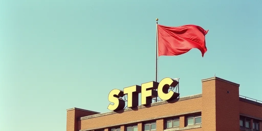 a flag flying on top of a building next to a sign that says stfc on it's side, David Alfaro Siqueiro