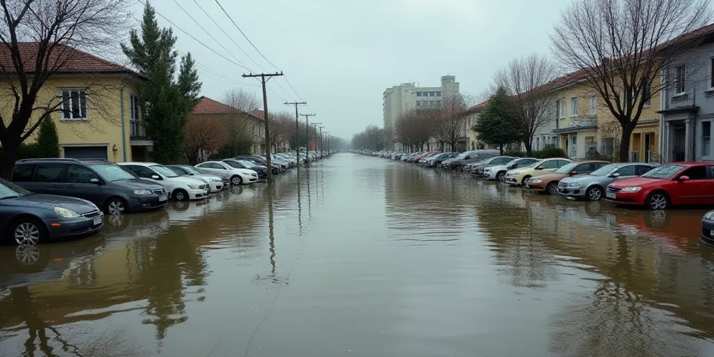 a flooded area with a lot of cars and buildings in it and a lot of water on the ground, Ceferí Oliv