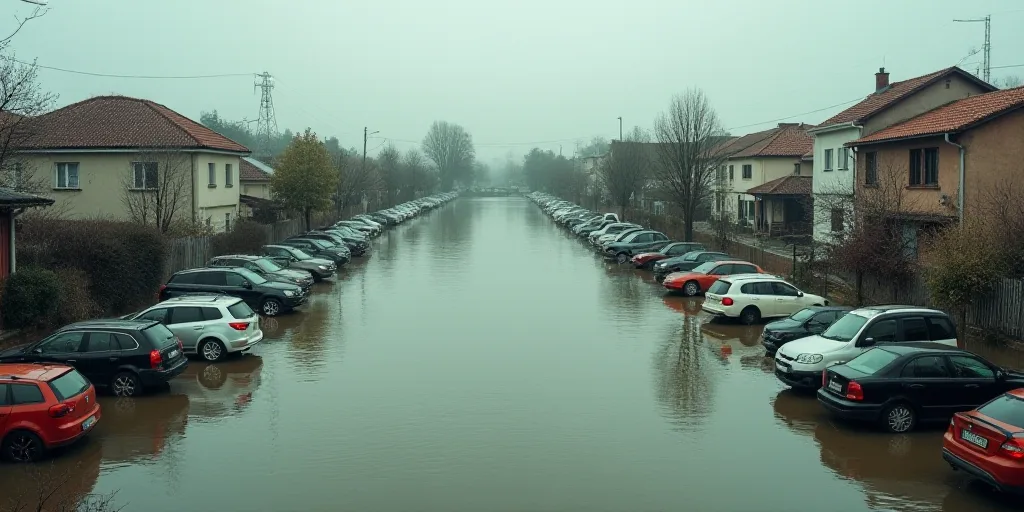 a flooded area with a lot of cars and buildings in it and a lot of water on the ground, Ceferí Oliv