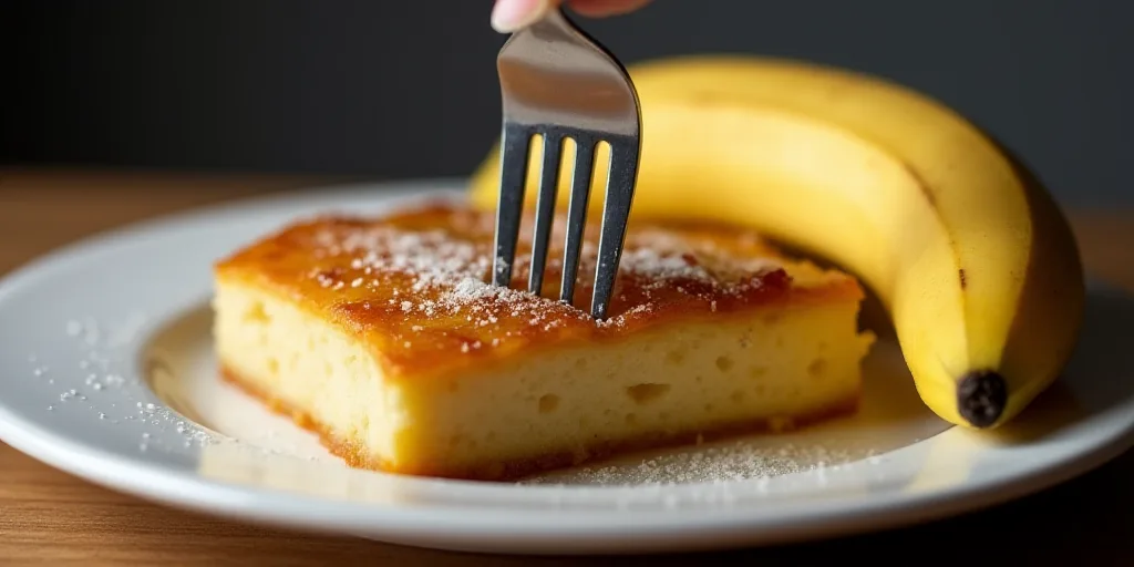 a fork is stuck into a piece of food on a plate with a fork in it and a banana on the side, Alesso B