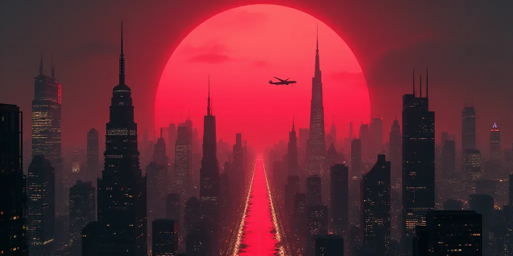 a futuristic city with a large red light in the middle of it and a plane flying over it in the dista
