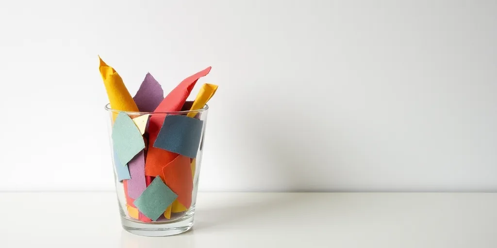 a glass filled with colorful papers sitting on top of a table next to a white wall and a white wall,