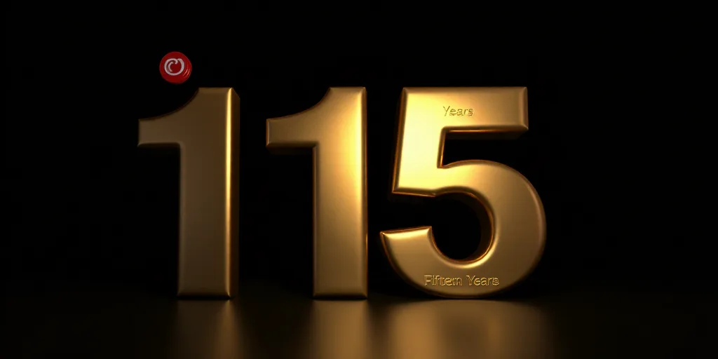a golden number fifteen with the words fifteen years on it and a black background with a red and whi