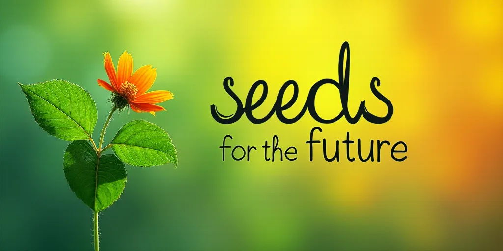 a green and orange background with a leaf and a flower in the center of the image and the words seed