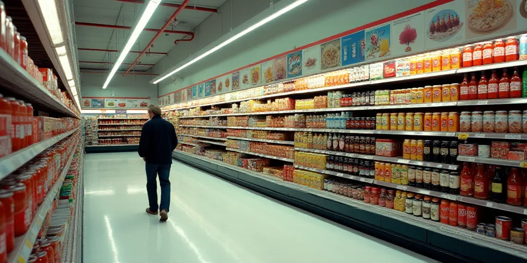 a grocery store aisle with a variety of drinks on display in the aisle and a man walking by the aisl
