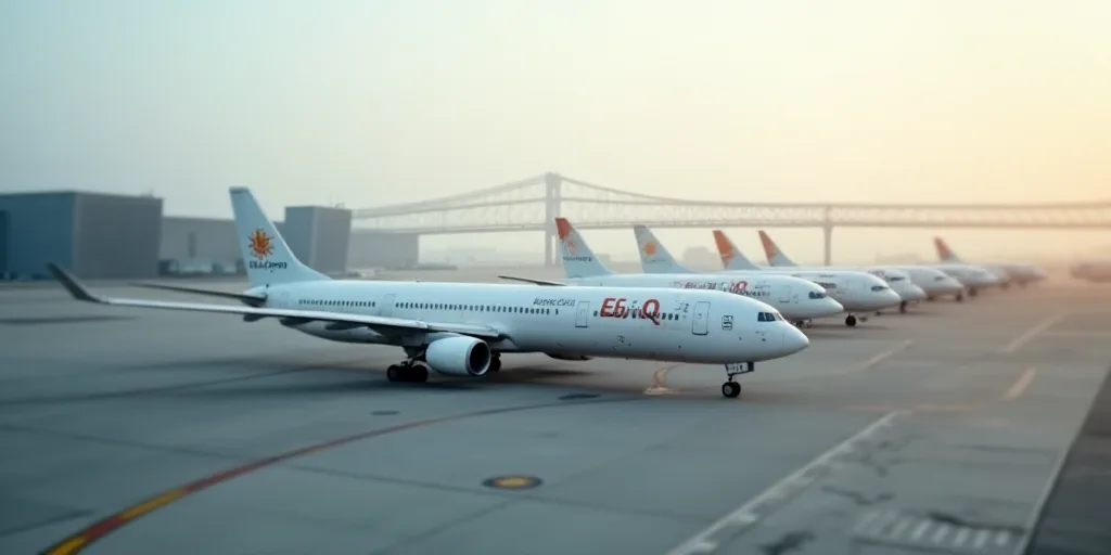 a group of airplanes parked on a runway at an airport with a bridge in the background in the backgro