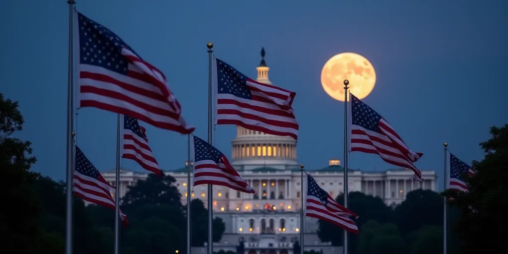 a group of american flags flying in front of the capitol building at dusk with a full moon in the di