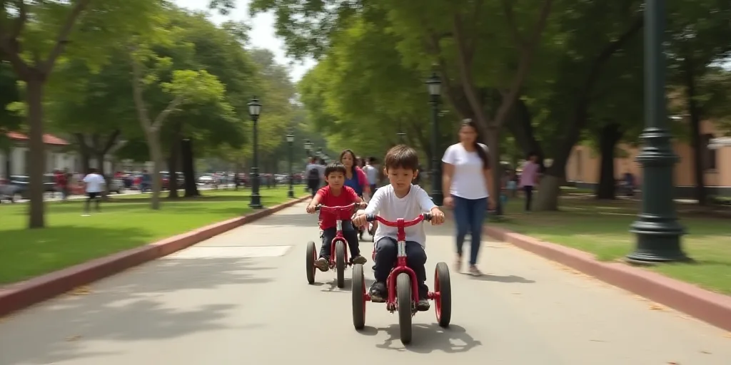 a group of children riding a three wheeled bike down a sidewalk in a park with trees and people walk