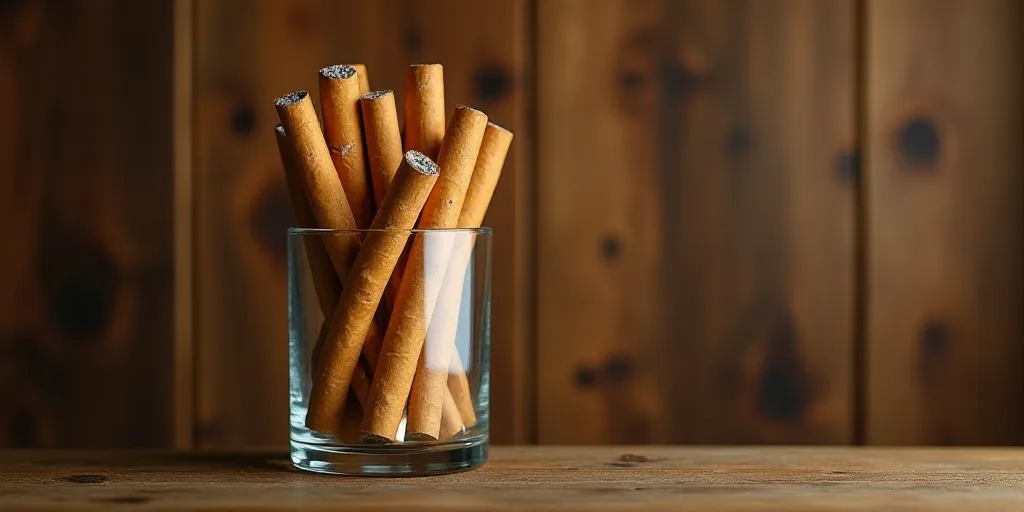 a group of cigarettes stacked on top of each other in a glass container on a table next to a wooden